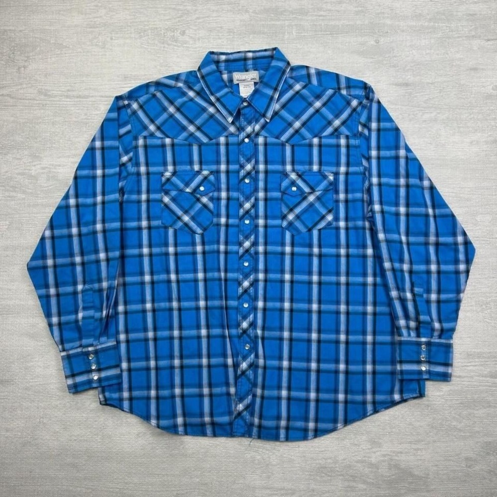 Vintage Wrangler Western Shirt Mens 2XL Blue Pearl Snap Wrancher Long Sleeve